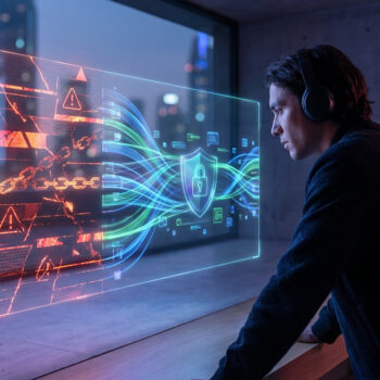 Un jeune homme avec un casque regarde un écran virtuel holographique montrant des erreurs de connexion et un bouclier.