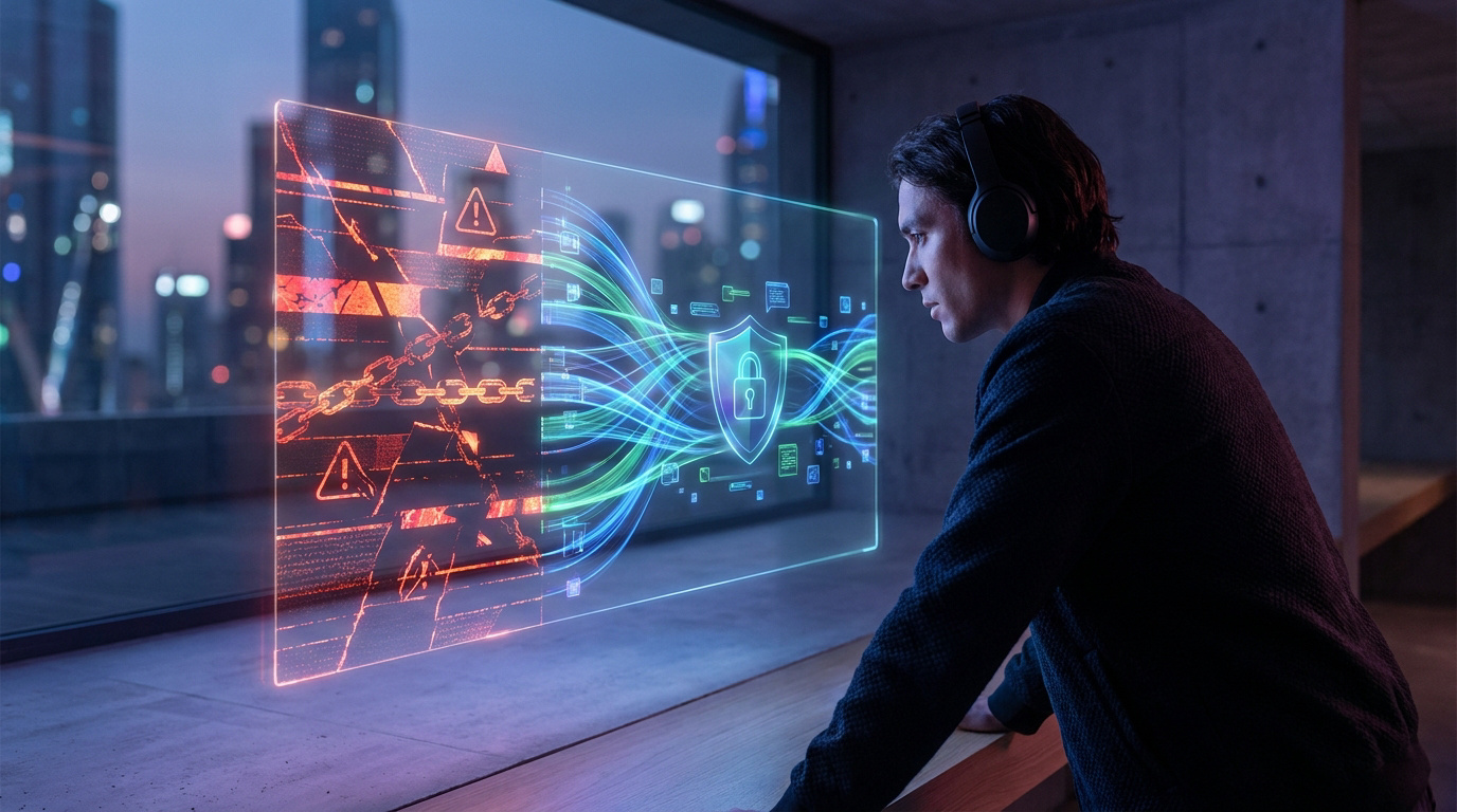 Un jeune homme avec un casque regarde un écran virtuel holographique montrant des erreurs de connexion et un bouclier.