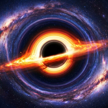 Illustration artistique d'un trou noir massif entouré d'un disque d'accrétion lumineux dans un espace étoilé.