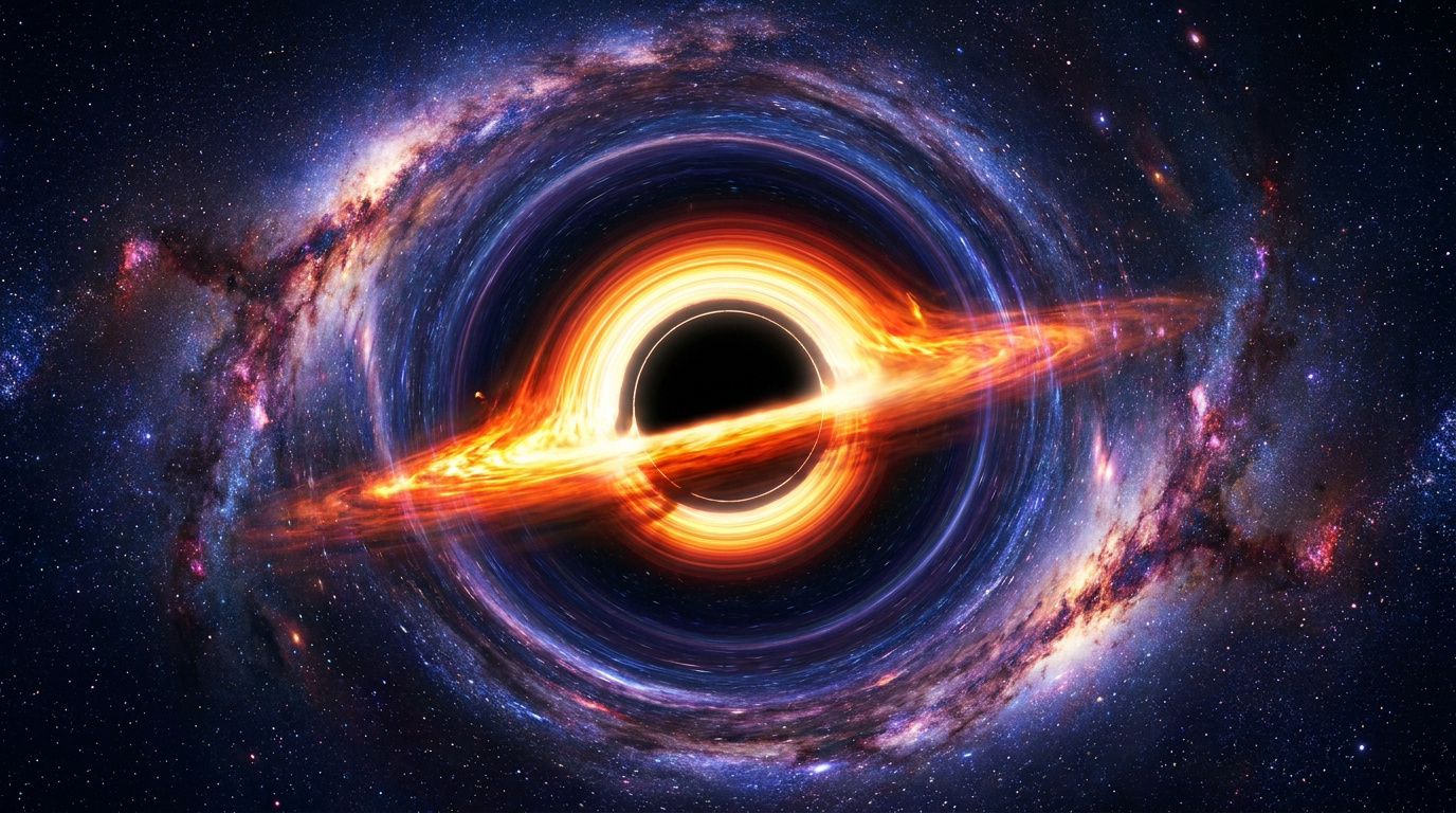 Illustration artistique d'un trou noir massif entouré d'un disque d'accrétion lumineux dans un espace étoilé.