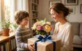 Un jeune garçon souriant offre un bouquet de fleurs et un cadeau emballé à sa mère dans un salon lumineux.