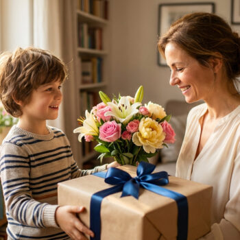 Un jeune garçon souriant offre un bouquet de fleurs et un cadeau emballé à sa mère dans un salon lumineux.