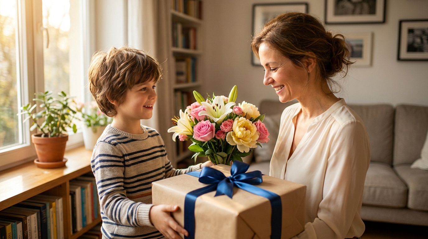 Un jeune garçon souriant offre un bouquet de fleurs et un cadeau emballé à sa mère dans un salon lumineux.